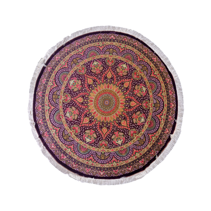 Sunbrust medallion Persian handmade silk rug in Purple, 250 × 250 cm