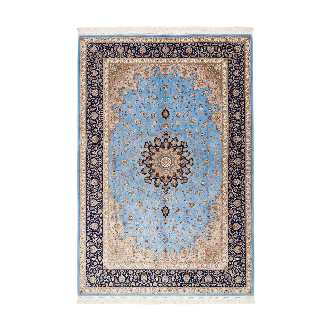 Floral Medallion Persian handmade silk rug in Light Blue, 354 × 243 cm