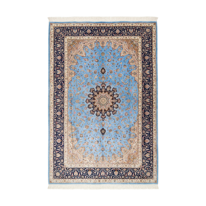 Floral Medallion Persian handmade silk rug in Light Blue, 354 × 243 cm
