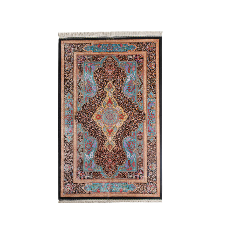 Pictorial medallion Persian handmade silk rug in Black, 206 × 133 cm