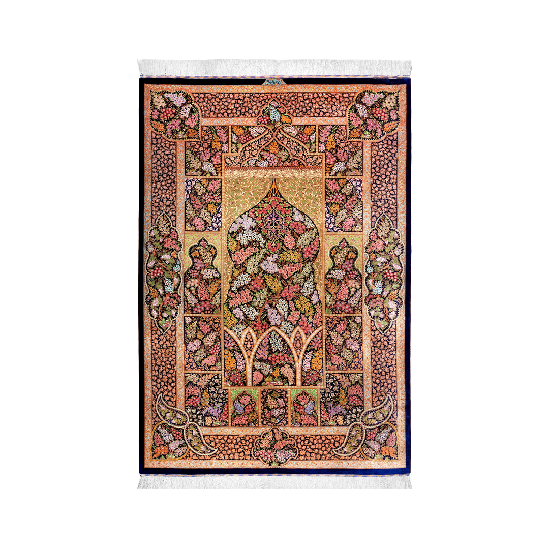 Life Tree Persian handmade silk rug in Dark Blue, 206 × 140 cm