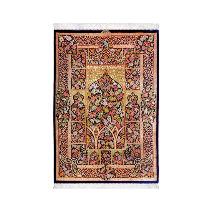 سجادة فارسية حريرية مصنوعة يدويًا Life Tree، بلون أزرق داكن، 206 × 140 cm