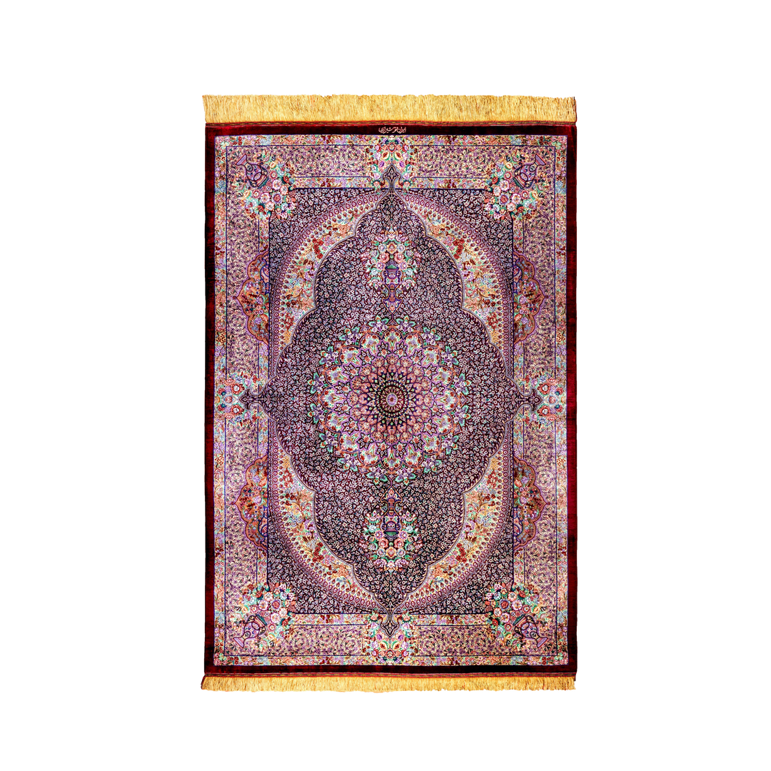 Medallion Persian handmade silk rug in Red, 197 × 134 cm