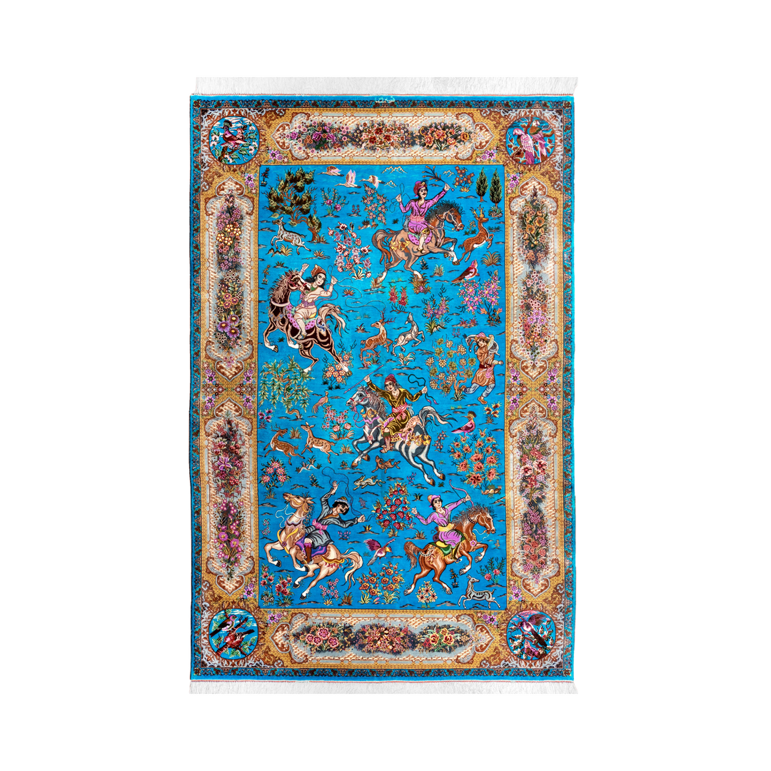 Hunting Persian handmade silk rug in Blue, 206 × 134 cm