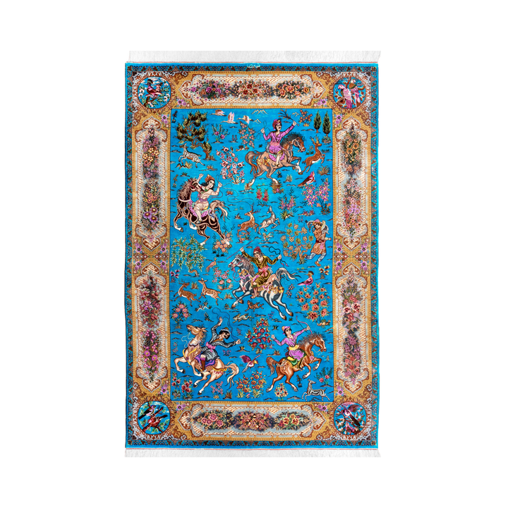 سجادة فارسية حريرية مصنوعة يدويًا Hunting، بلون أزرق، 206 × 134 cm