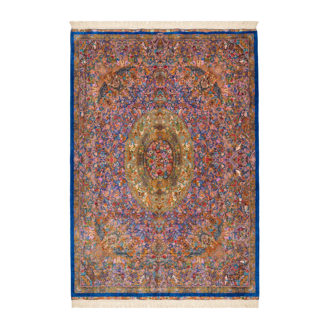 Pictorial figurative Persian handmade silk rug in Blue, 394 × 302 cm