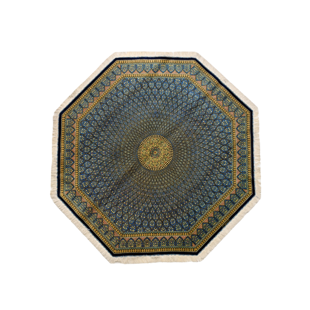 Islamic Persian handmade silk rug in Dark Blue, 199 × 199 cm