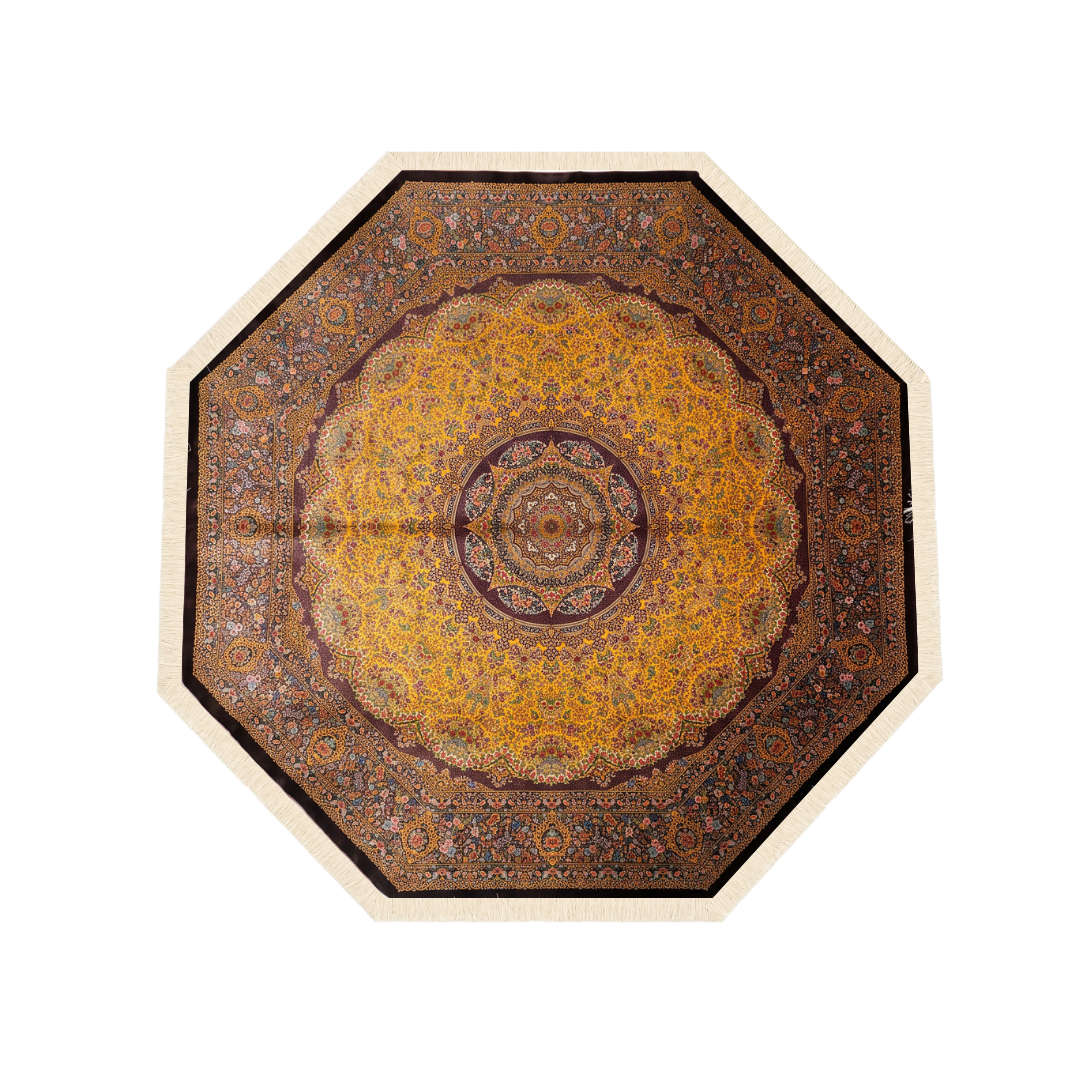 millefleurs field Persian handmade silk rug in Dark Brown, 296 × 299 cm