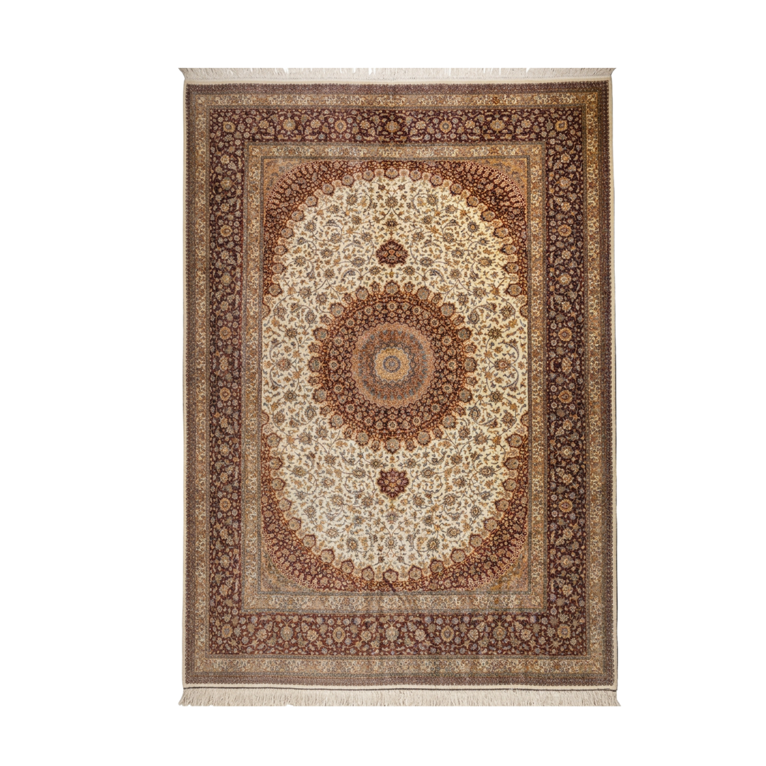 Floral Medallion Persian handmade silk rug in Cream, 398 × 300 cm