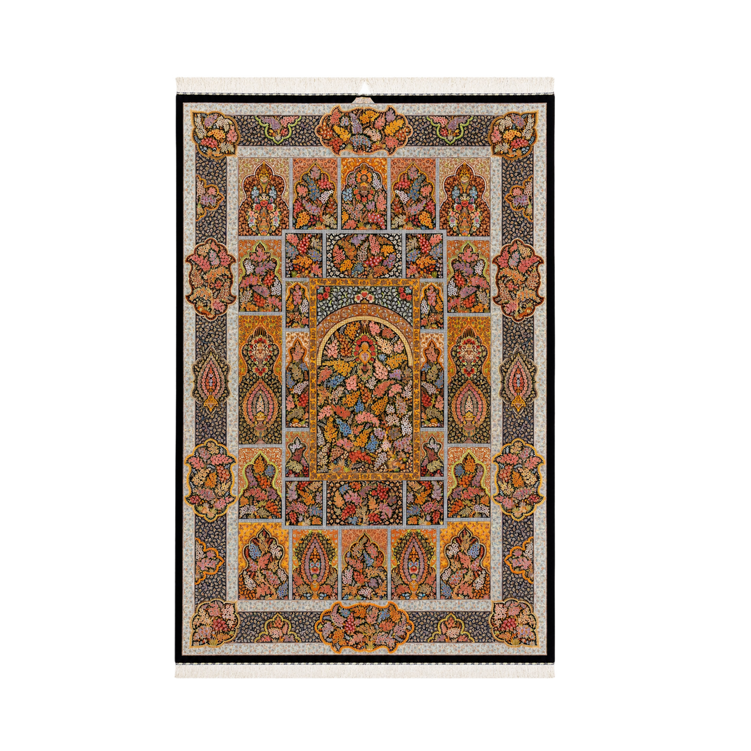 Kheshti Persian handmade silk rug in Black, 308 × 201 cm