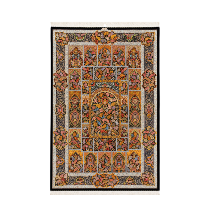 Kheshti 波斯手工丝绸地毯，黑色，308 × 201 cm