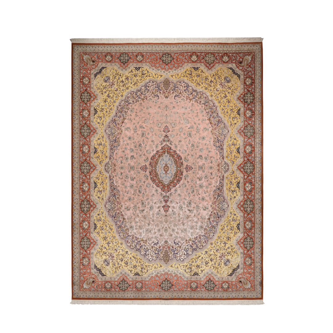 Peach Persian handmade medallion shah abbasi rug in 503 x 400 cm