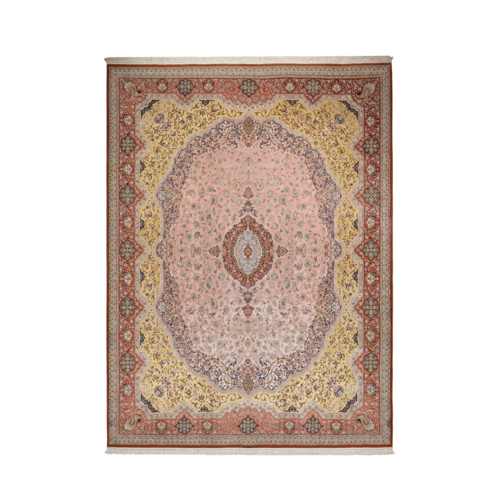 سجادة فارسية يدوية بلون خوخي، بتصميم Medallion Shah Abbasi، مقاس 503 x 400 cm