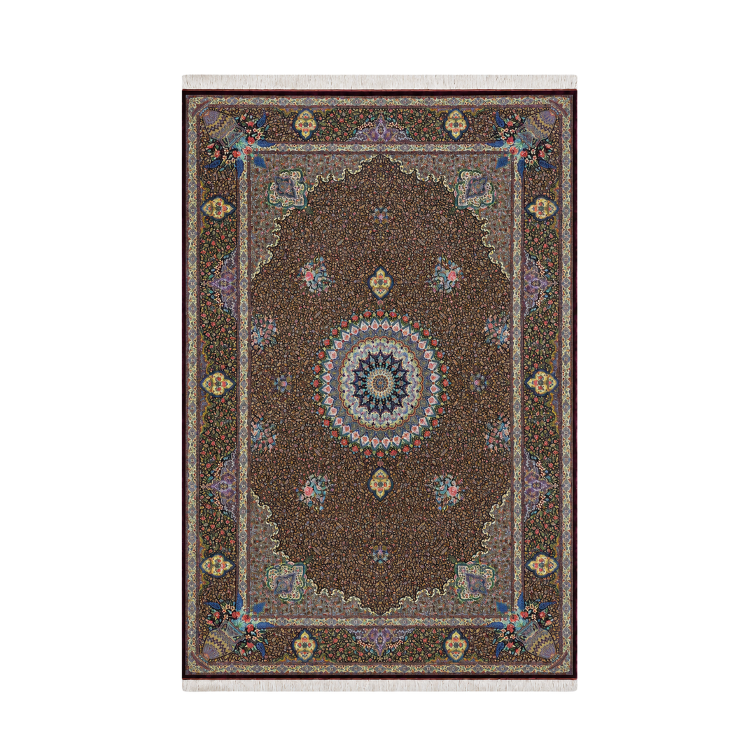 Medallion Persian handmade silk rug in Dark Red, 301 × 198 cm