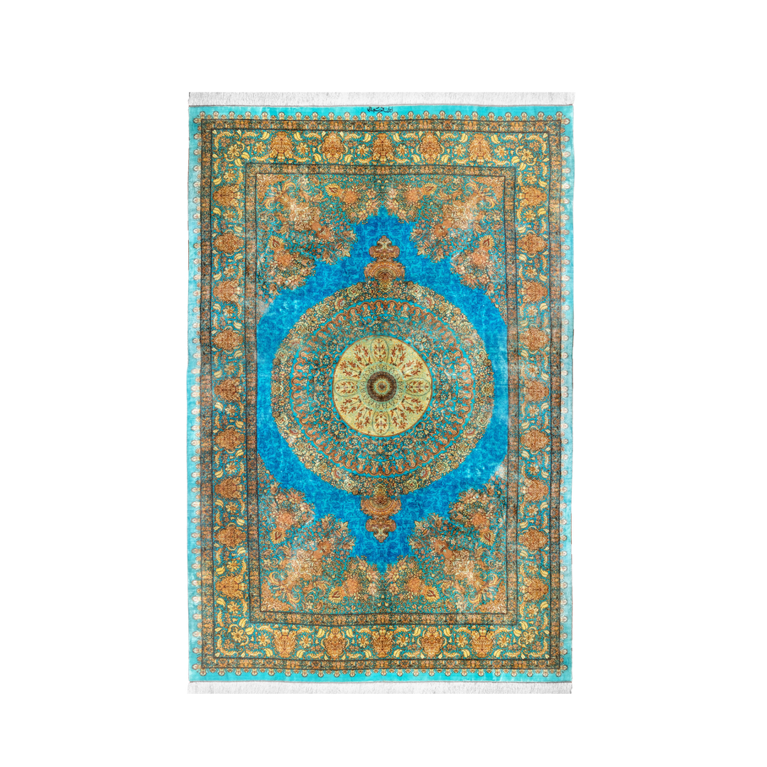 Central Medallion Persian handmade silk rug in Light Blue, 200 × 139 cm