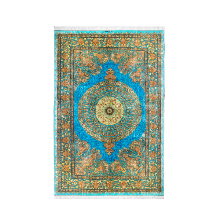 سجادة فارسية حريرية مصنوعة يدويًا Central Medallion، بلون أزرق فاتح، 200 × 139 cm