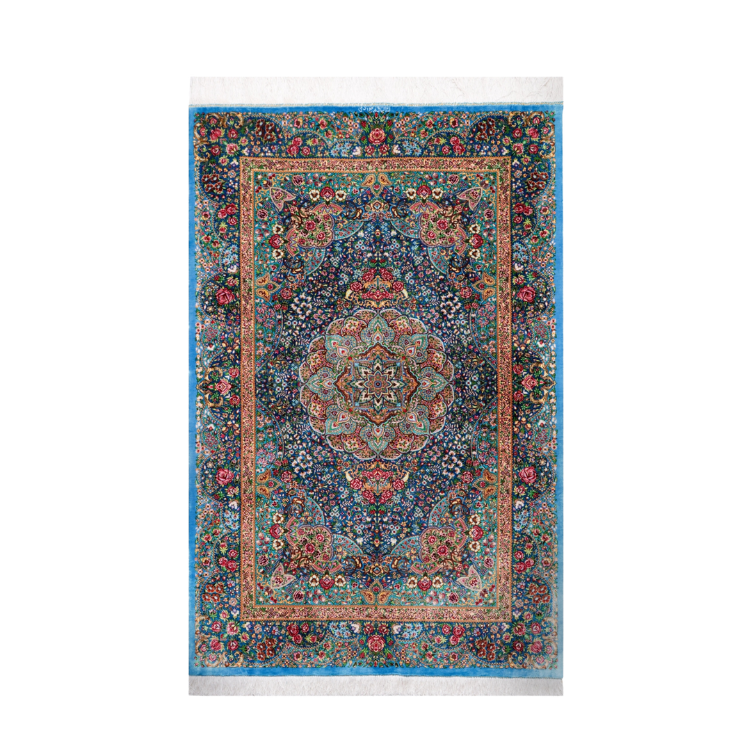 Medallion Persian handmade silk rug in Blue, 151 × 103 cm
