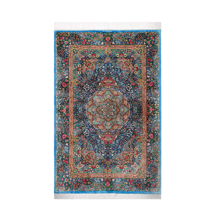 Medallion Persian handmade silk rug in Blue, 151 × 103 cm