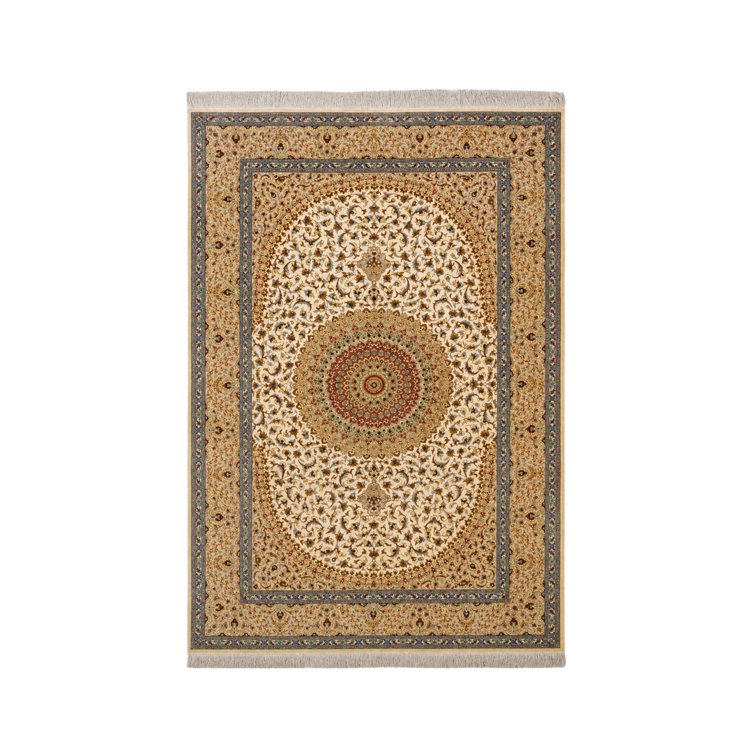 Central Medallion Persian handmade silk rug in Beige, 200 × 130 cm