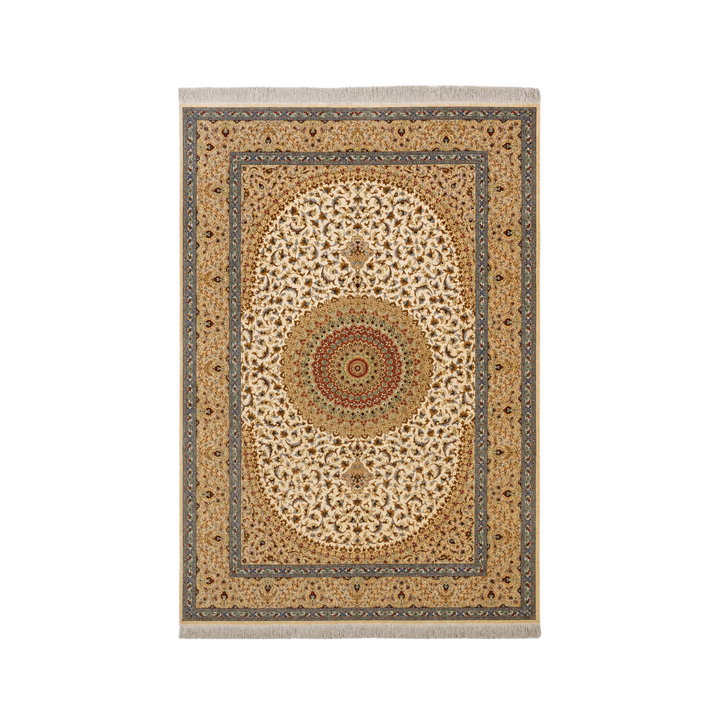 Central Medallion Persian handmade silk rug in Beige, 200 × 130 cm