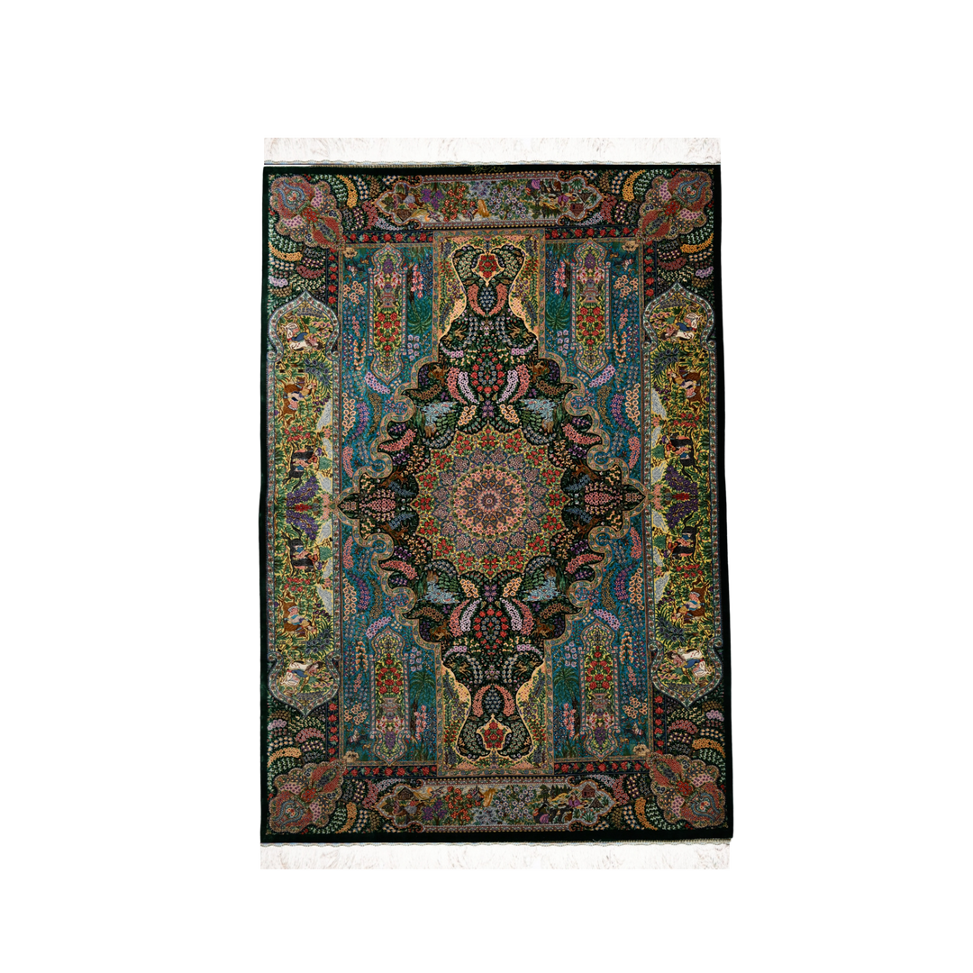 Garden Panel Medallion Persian handmade silk rug in Green, 201 × 137 cm