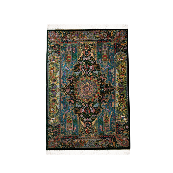 Garden Panel Medallion 波斯手工丝绸地毯，绿色，201 × 137 cm