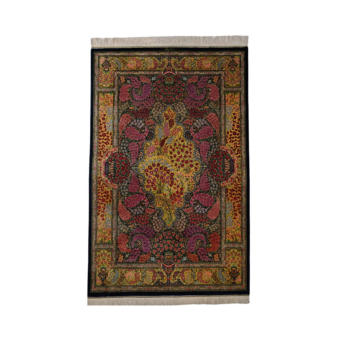 Life Tree Persian handmade silk rug in Dark Blue, 205 × 130 cm