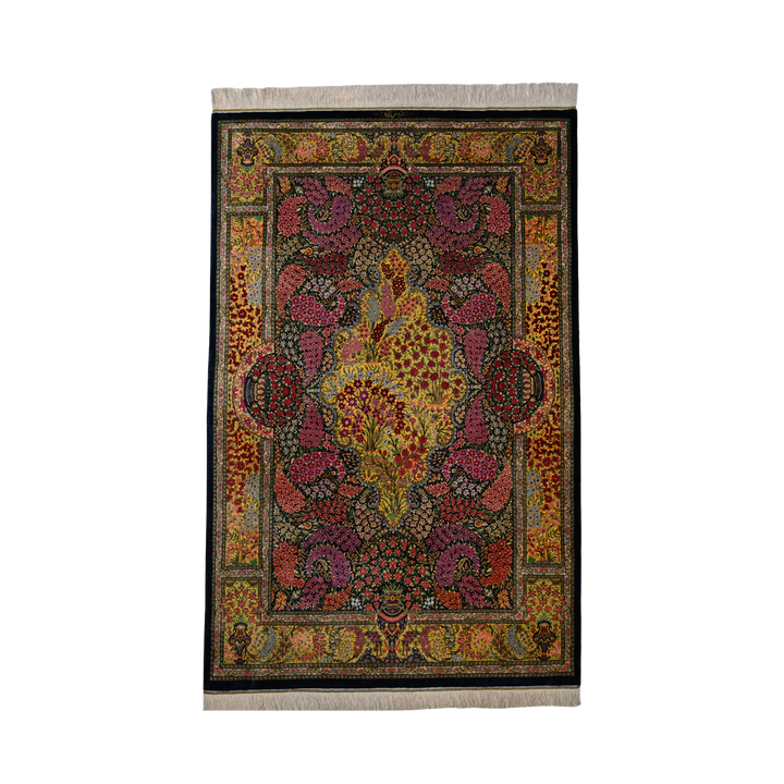Life Tree Persian handmade silk rug in Dark Blue, 205 × 130 cm