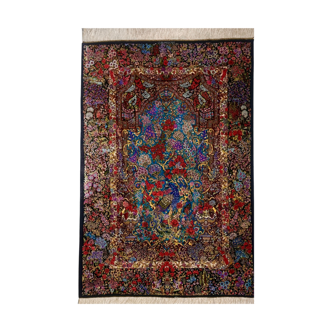 Pictorial Tree Of Life Persian handmade silk rug in Black, 148 × 101 cm