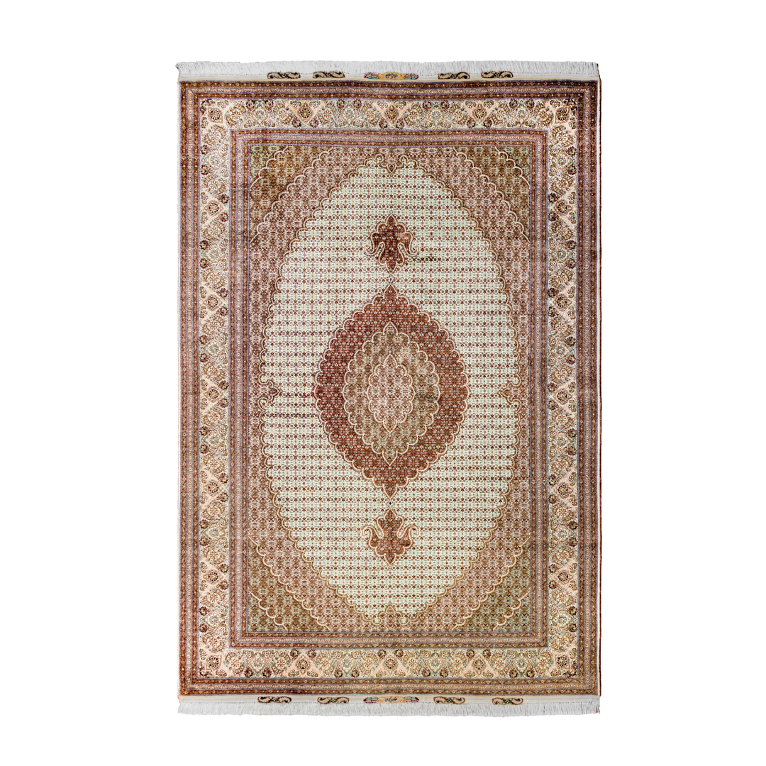 Mahi Persian handmade wool and silk rug in Beige, 305 × 205 cm