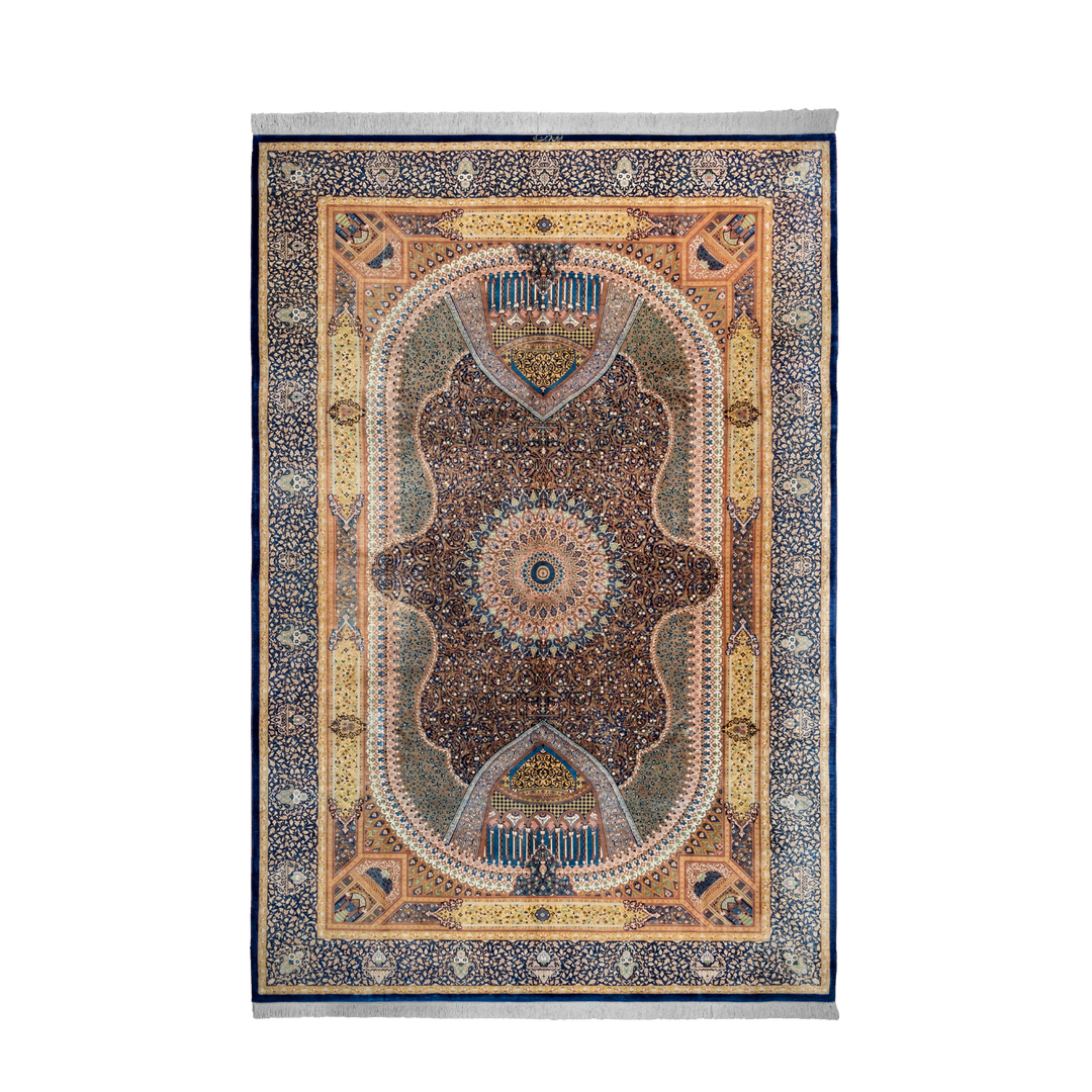 Mosque Persian handmade silk rug in Blue, 300 × 200 cm