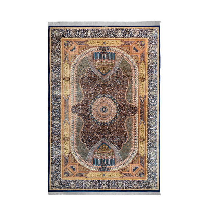 سجادة فارسية حريرية مصنوعة يدويًا Mosque، بلون أزرق، 300 × 200 cm