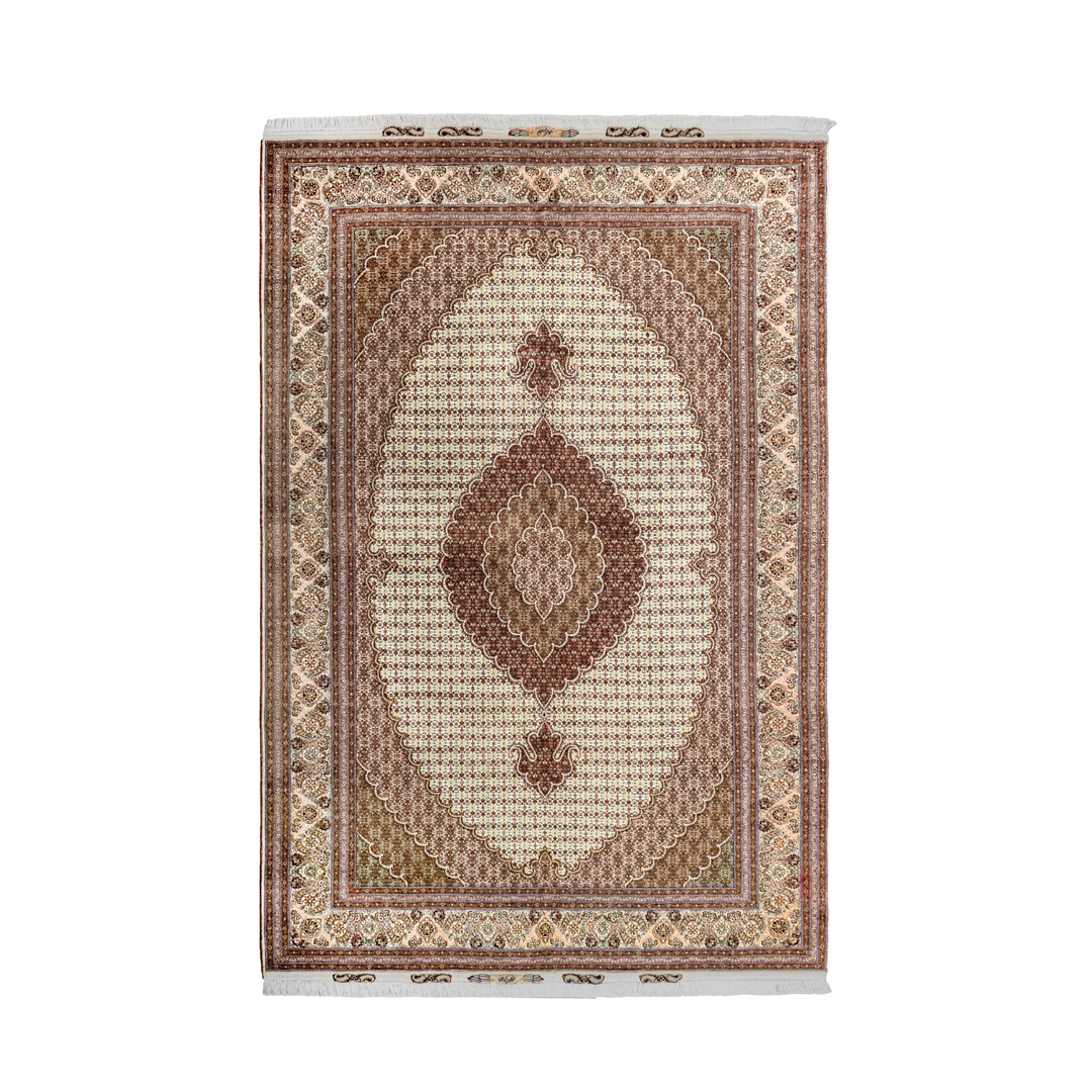 Mahi Persian handmade wool and silk rug in Beige, 307 × 203 cm
