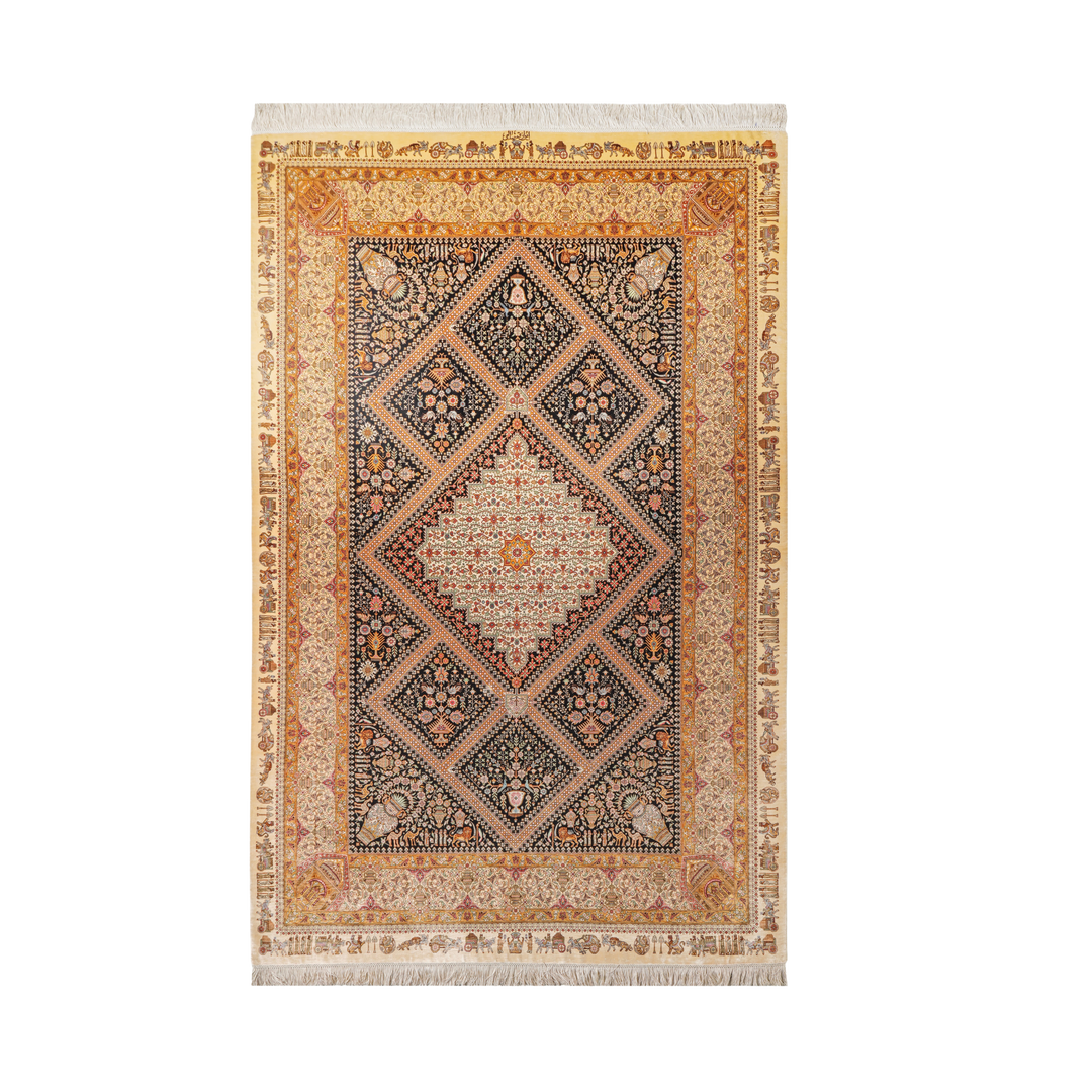Kheshti Persian handmade silk rug in Beige, 208 × 134 cm