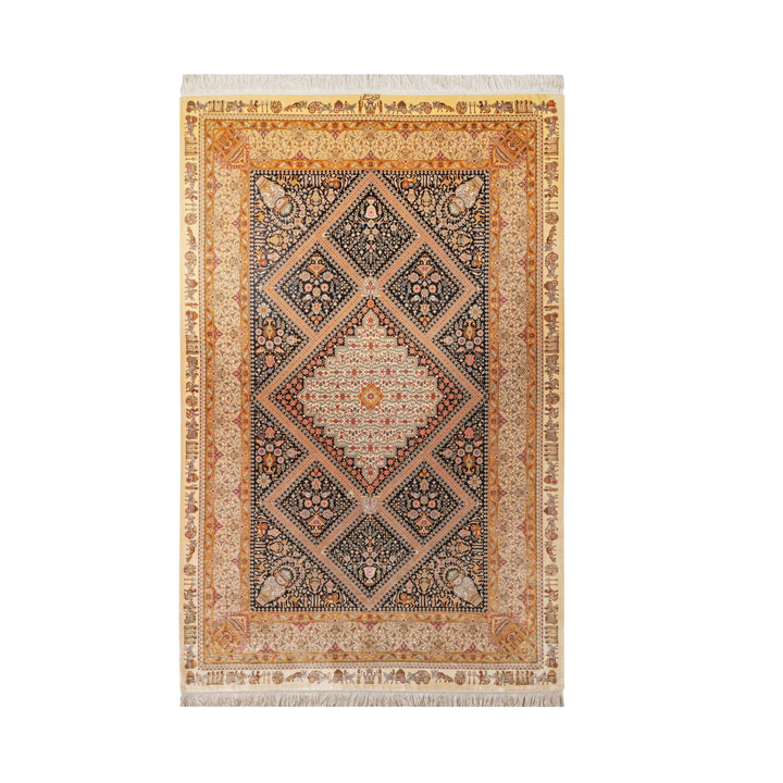 Kheshti Persian handmade silk rug in Beige, 208 × 134 cm