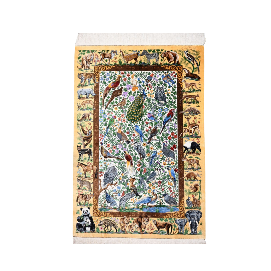 Bird Garden Persian handmade silk rug in Light Gold, 154 × 105 cm
