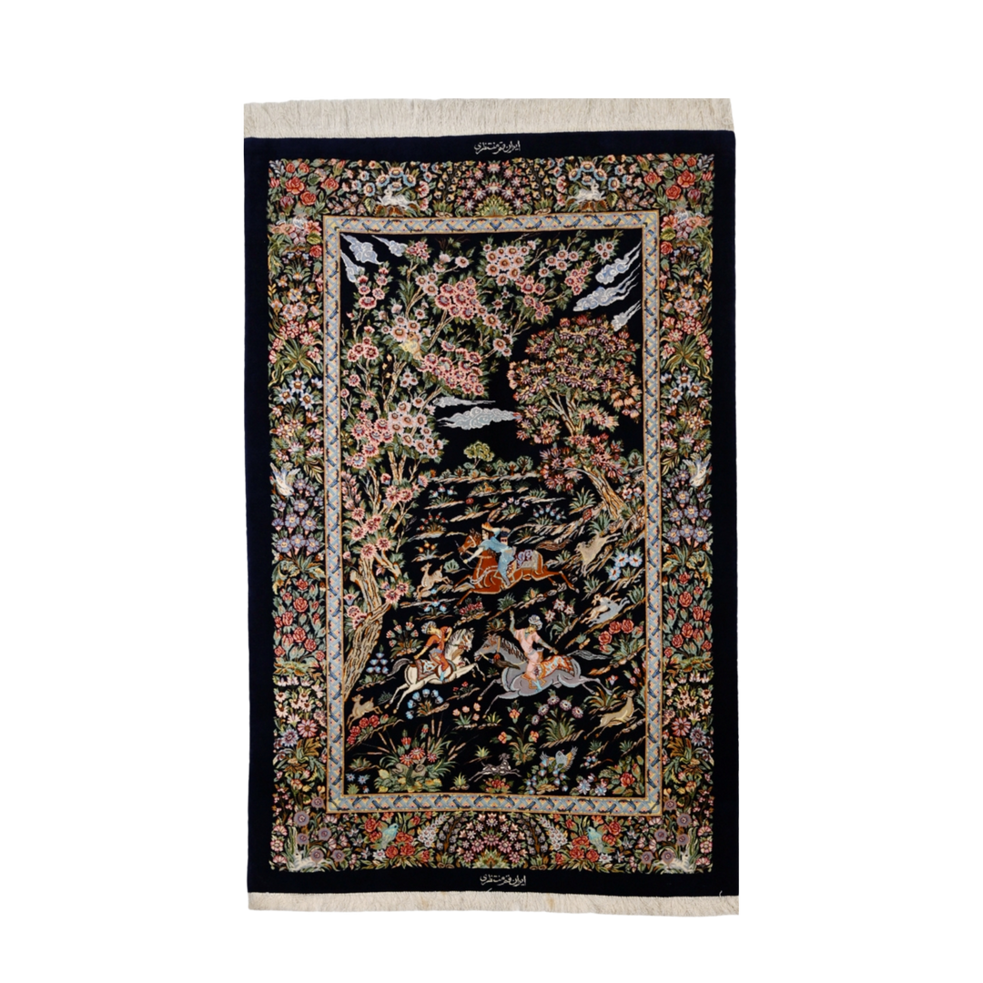 Hunting Persian handmade wool and silk rug in Blue, 174 × 103 cm