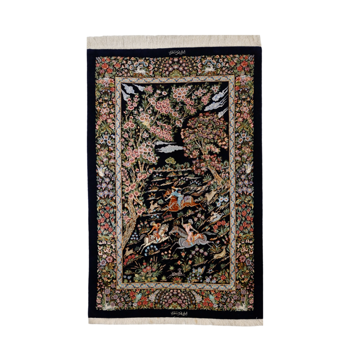 سجادة فارسية من الصوف والحرير مصنوعة يدويًا Hunting، بلون أزرق، 174 × 103 cm