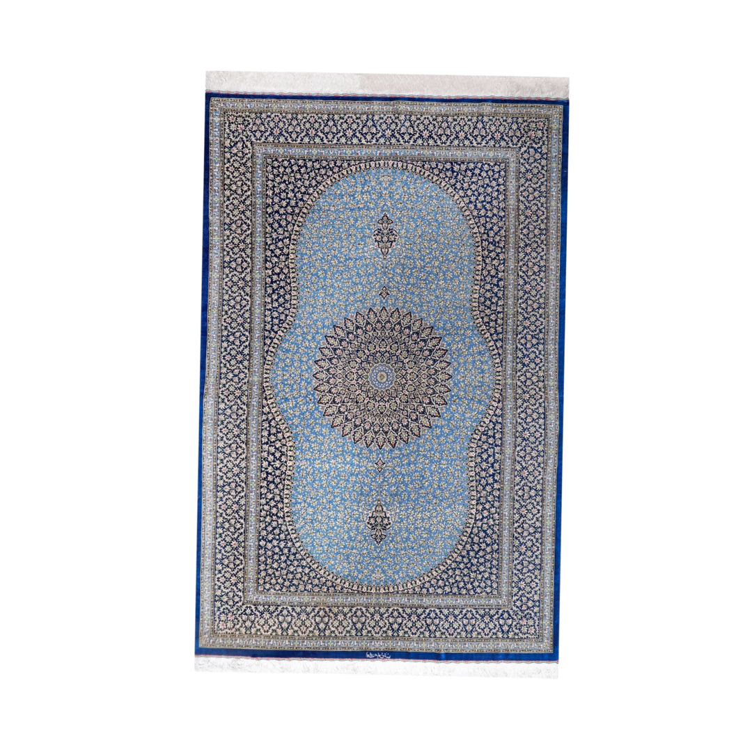 Medallion Persian handmade silk rug in Blue, 236 × 158 cm