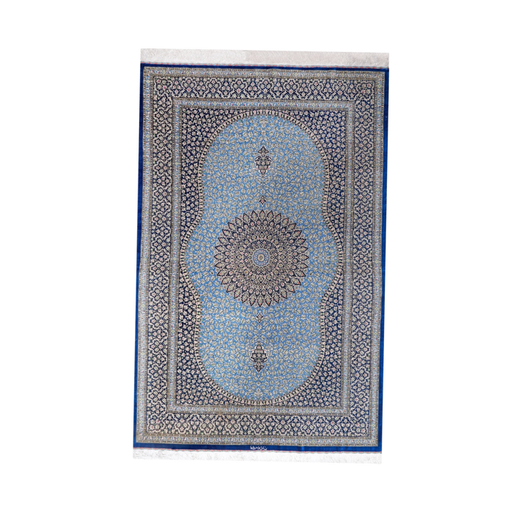 Medallion Persian handmade silk rug in Blue, 236 × 158 cm