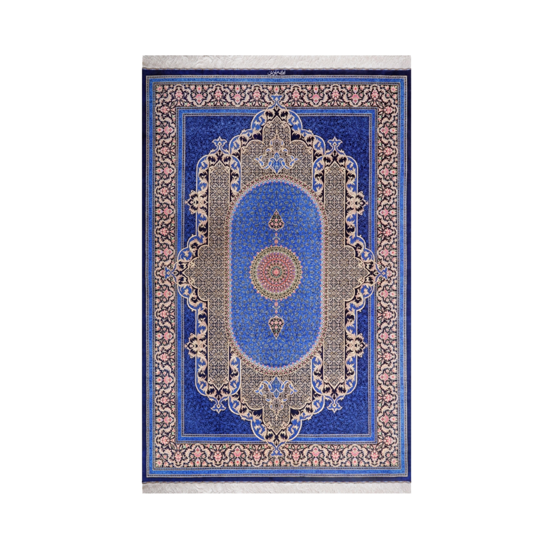 Medallion Persian handmade silk rug in Dark Blue, 235 × 157 cm