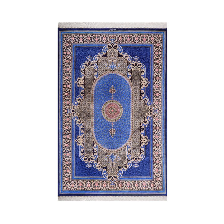 Medallion 波斯手工丝绸地毯，深蓝色，235 × 157 cm