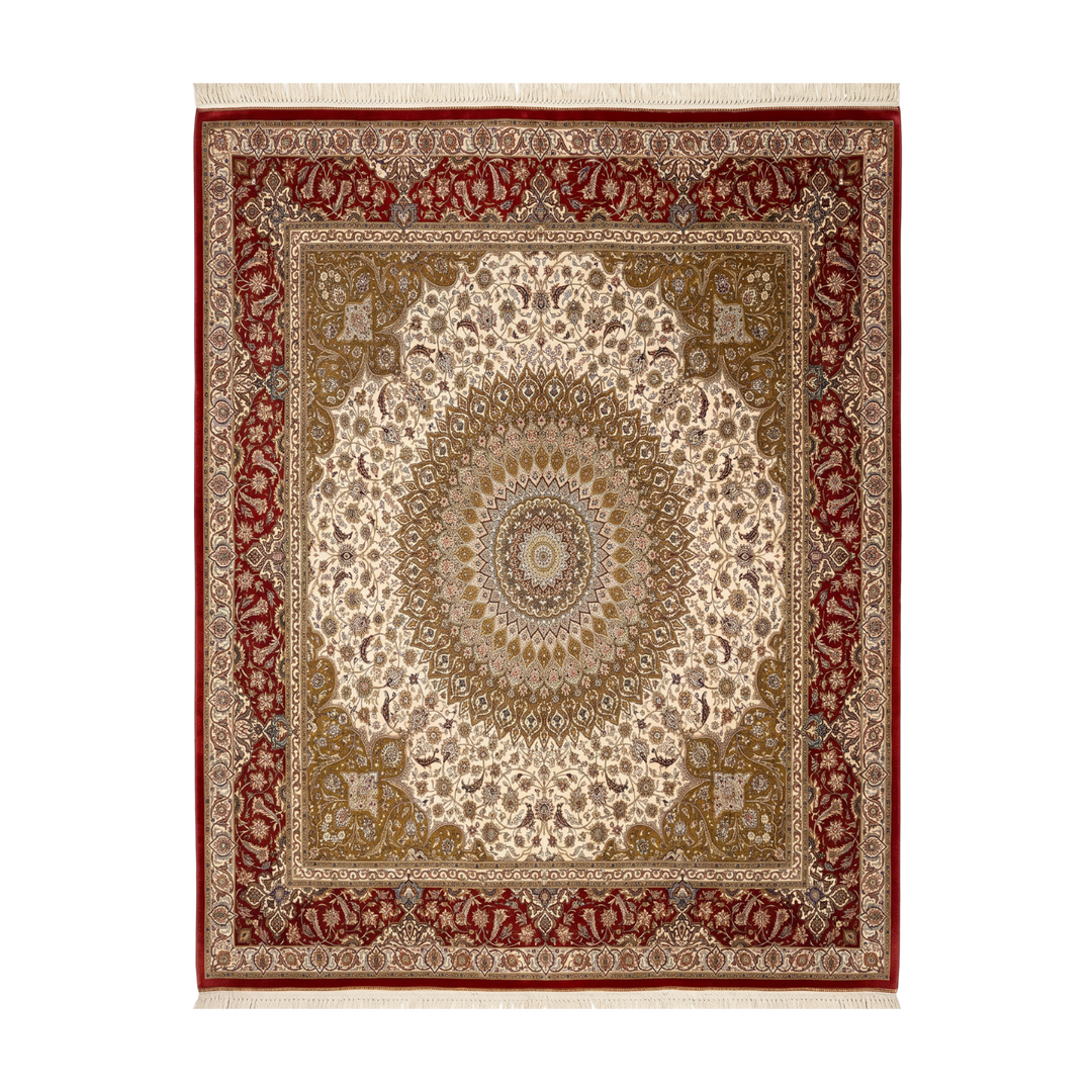 Central Medallion Persian handmade silk rug in Red, 202 × 198 cm