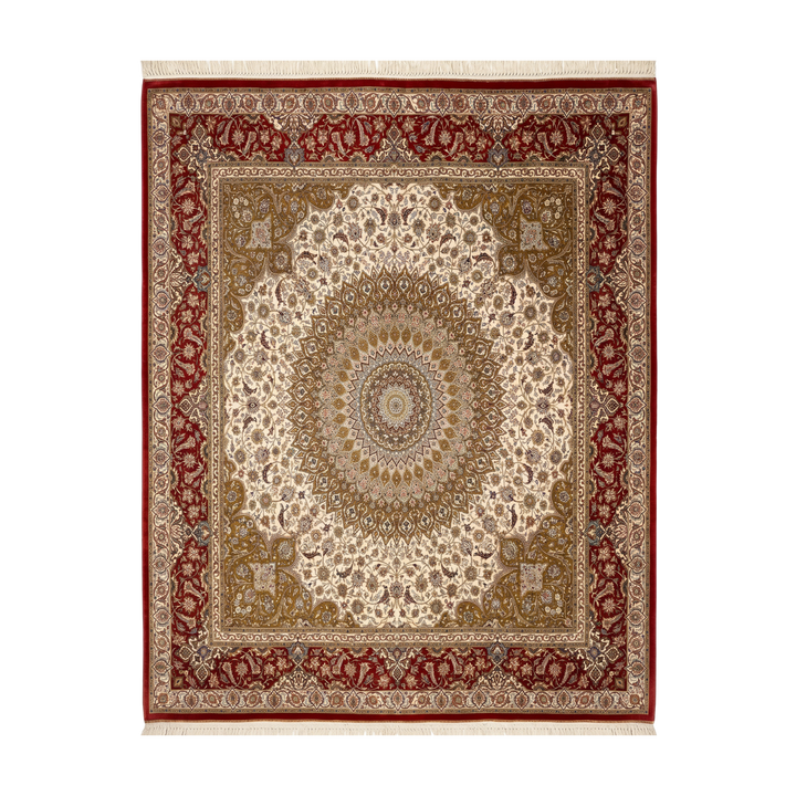 Central Medallion Persian handmade silk rug in Red, 202 × 198 cm