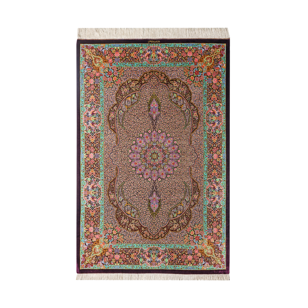 Prayer Persian handmade silk rug in Purple, 195 × 137 cm