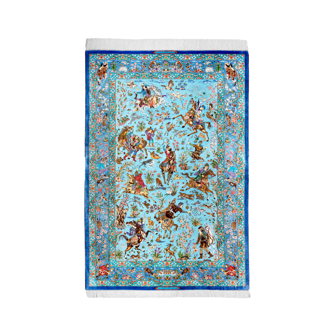 Hunting Persian handmade silk rug in Blue, 218 × 146 cm