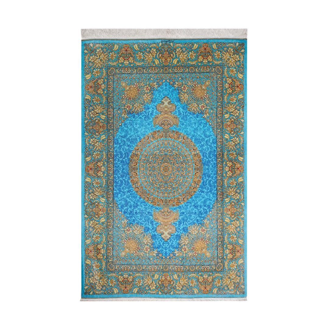 Central Medallion Persian handmade silk rug in Light Blue, 199 × 137 cm