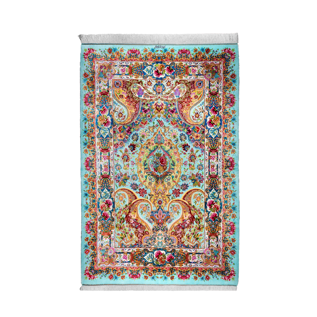 Medallion Persian handmade silk rug in Light Blue, 197 × 132 cm