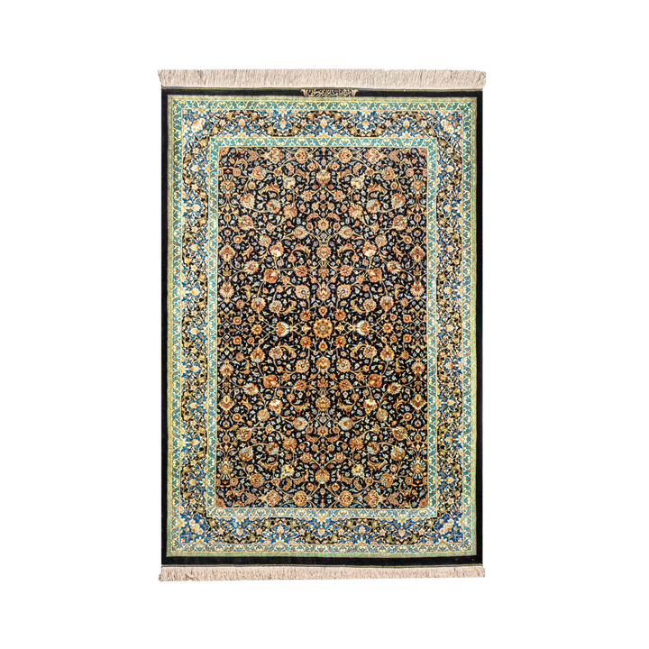 سجادة فارسية حريرية مصنوعة يدويًا Shah Abbasi، بلون أسود، 199 × 135 cm