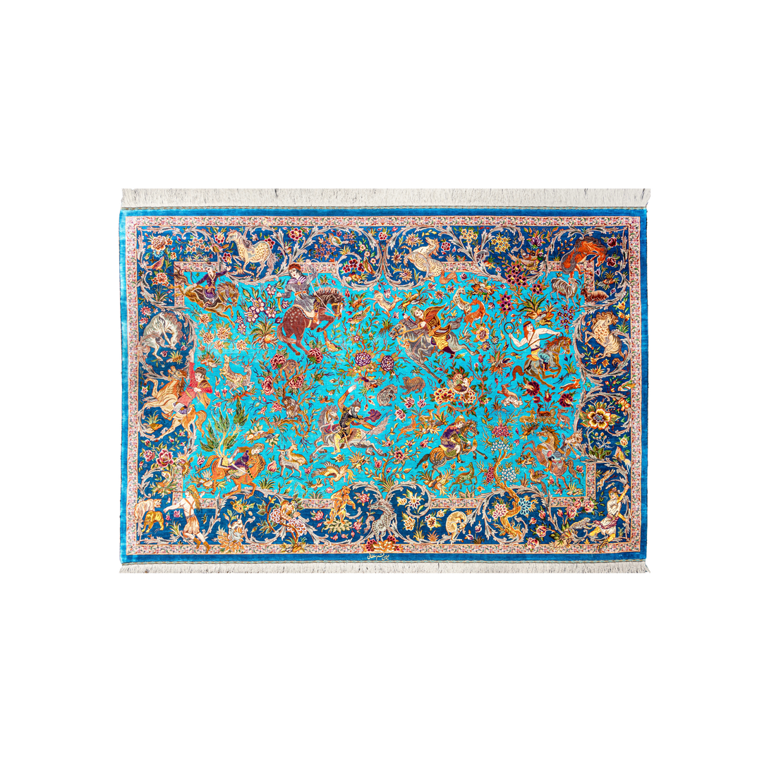 Hunting Persian handmade silk rug in Blue, 204 × 136 cm